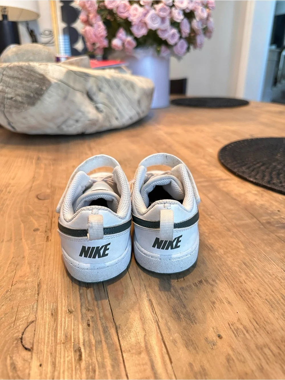 Nike Kids White Sneakers with Dark Green Swoosh